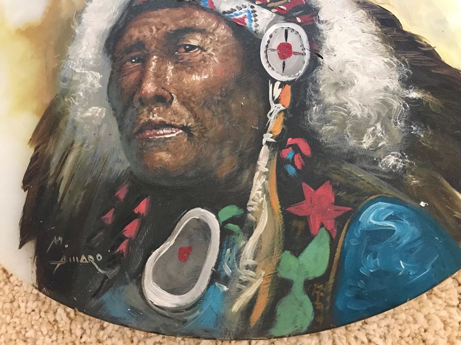 Original Native American Indian Chief Painting On Onyx By M. Amaro 17 X 13 [Photo 6]