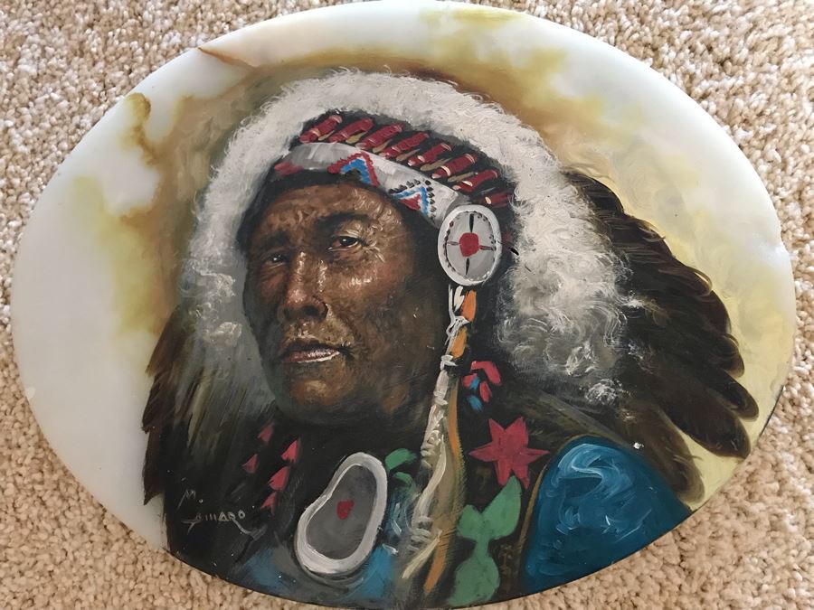 Original Native American Indian Chief Painting On Onyx By M. Amaro 17 X 13
