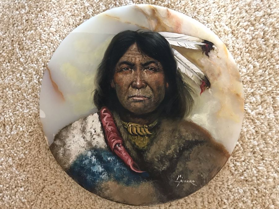 Original Native American Painting On Onyx By M. Amaro 14R