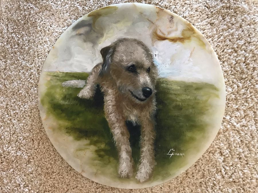 Original Dog Painting On Onyx By M. Amaro 16R