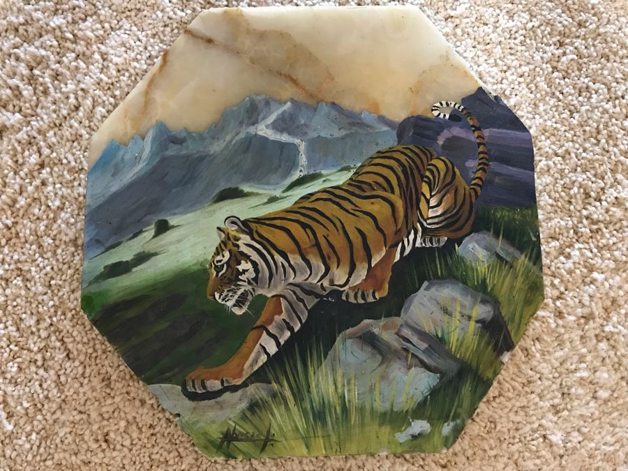 Original Tiger Painting On Onyx 13.5W