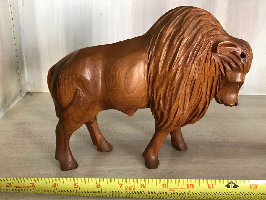 Carved Wooden Buffalo Figurine 10W X 3D X 8H