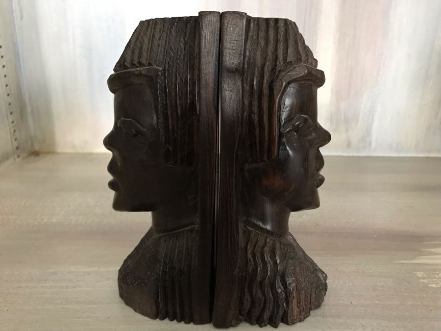 Pair Of Carved Wooden Face Bookends 6W X 3D X 7H [Photo 5]