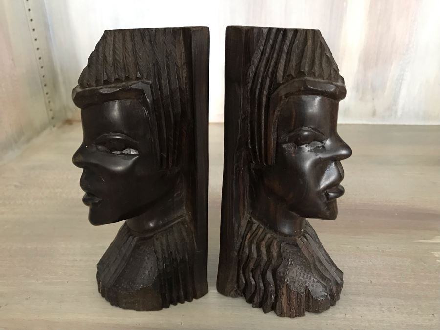 Pair Of Carved Wooden Face Bookends 6W X 3D X 7H [Photo 2]