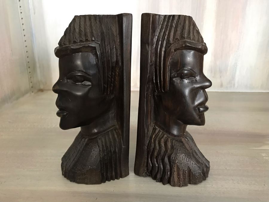 Pair Of Carved Wooden Face Bookends 6W X 3D X 7H