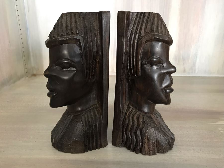 Pair Of Carved Wooden Face Bookends 6W X 3D X 7H [Photo 1]