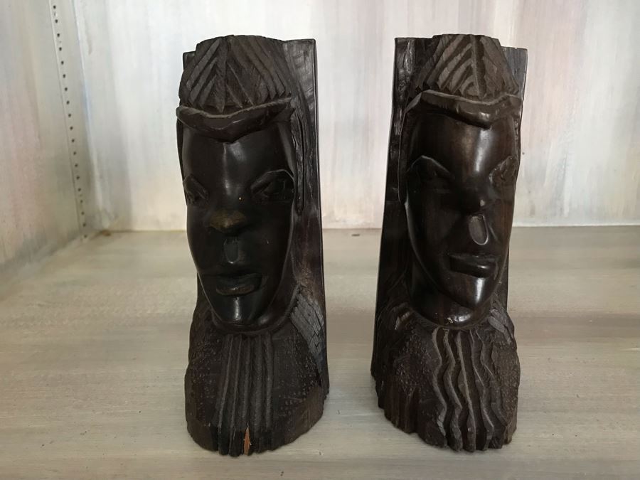 Pair Of Carved Wooden Face Bookends 6W X 3D X 7H