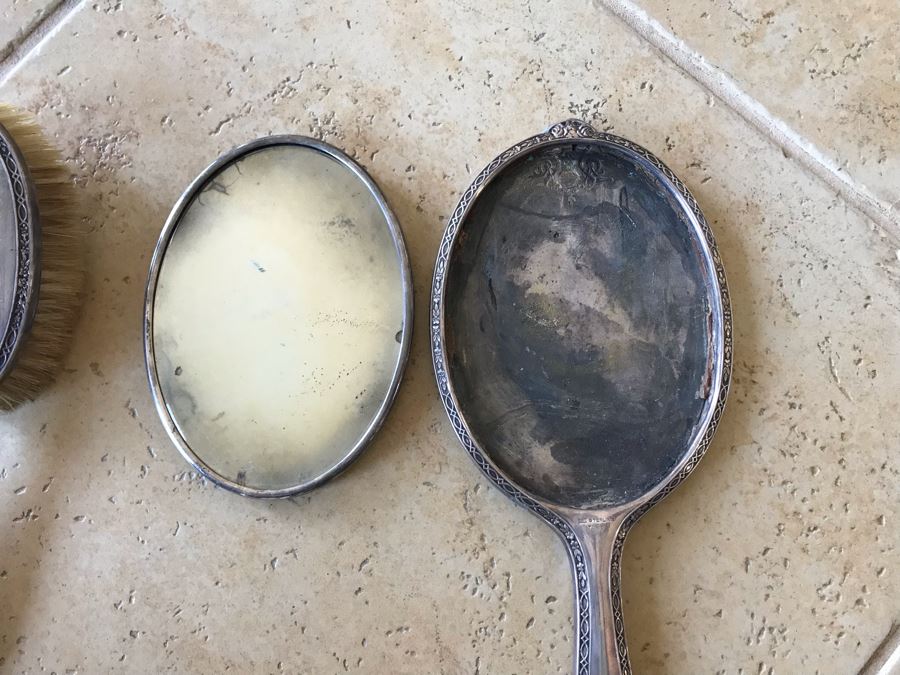 Vintage Sterling Silver Vanity Set With Hand Mirror And Brush (Note Glass Mirror Needs To Be Reglued) [Photo 3]