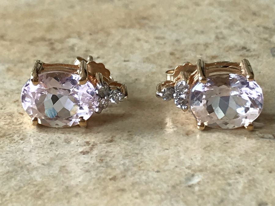 14K Gold + Morganite And Diamonds Earrings 3g