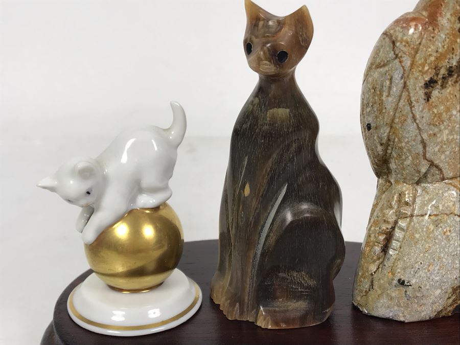 Rosenthal Cat Figurine, Carved Horn Cat Sculpture And Carved Stone Parrot Bird 4.5H With Wooden Stand [Photo 4]