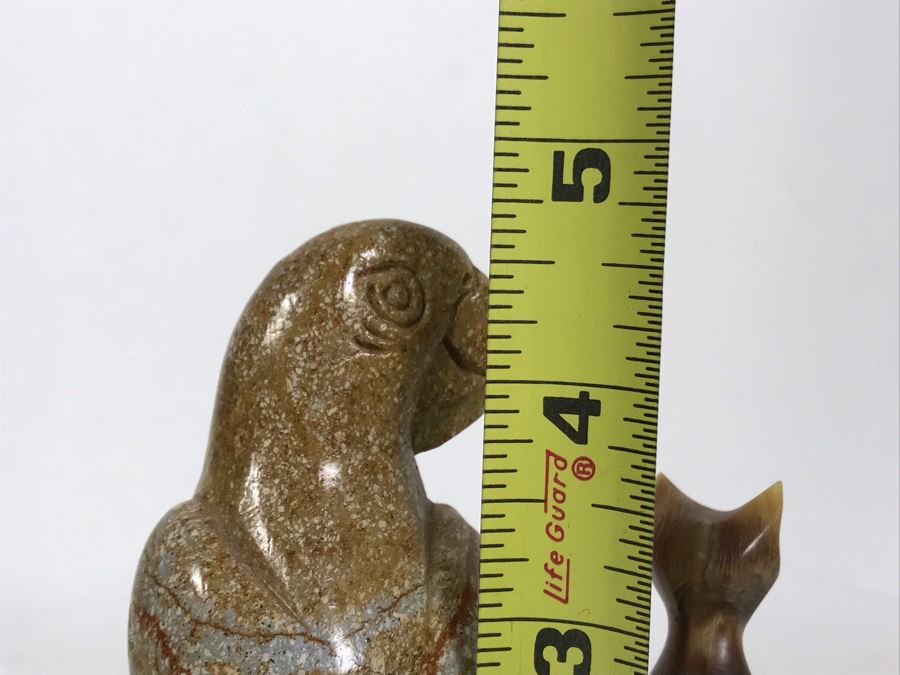 Rosenthal Cat Figurine, Carved Horn Cat Sculpture And Carved Stone Parrot Bird 4.5H With Wooden Stand [Photo 7]