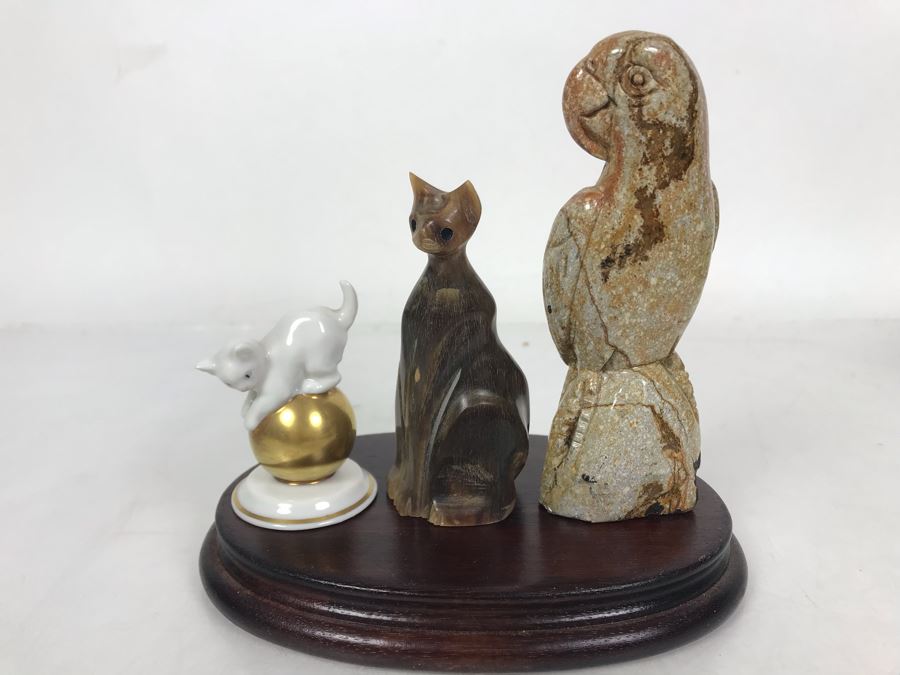Rosenthal Cat Figurine, Carved Horn Cat Sculpture And Carved Stone Parrot Bird 4.5H With Wooden Stand [Photo 1]
