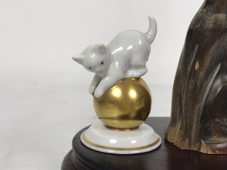 Rosenthal Cat Figurine, Carved Horn Cat Sculpture And Carved Stone Parrot Bird 4.5H With Wooden Stand [Photo 3]