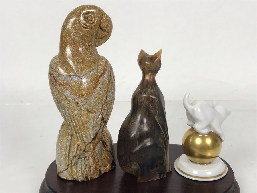 Rosenthal Cat Figurine, Carved Horn Cat Sculpture And Carved Stone Parrot Bird 4.5H With Wooden Stand [Photo 6]