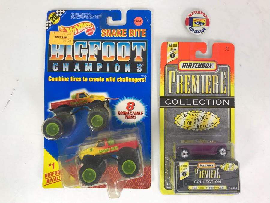 Old Matchbox Collector Button, Matchbox Premiere Limited Edition Collection Plymouth Prowler And Mattel Hot Wheels Snake Bite Bigfoot Champions Cars