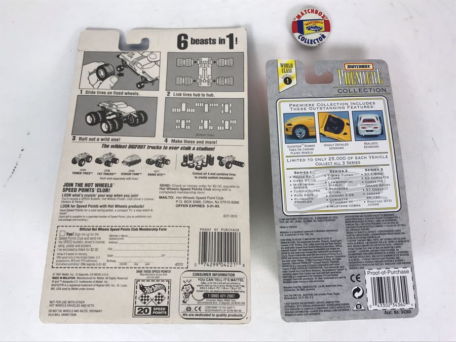 Old Matchbox Collector Button, Matchbox Premiere Limited Edition Collection Plymouth Prowler And Mattel Hot Wheels Snake Bite Bigfoot Champions Cars [Photo 9]