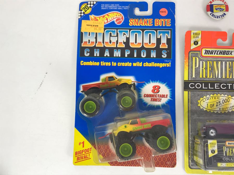 Old Matchbox Collector Button, Matchbox Premiere Limited Edition Collection Plymouth Prowler And Mattel Hot Wheels Snake Bite Bigfoot Champions Cars [Photo 6]