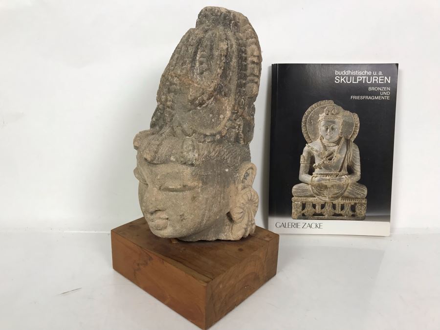 Antique Carved Stone Buddha Sculpture Head Bust With Buddha Sculpture Book 5.5W X 4.5D X 11.5H [Photo 2]