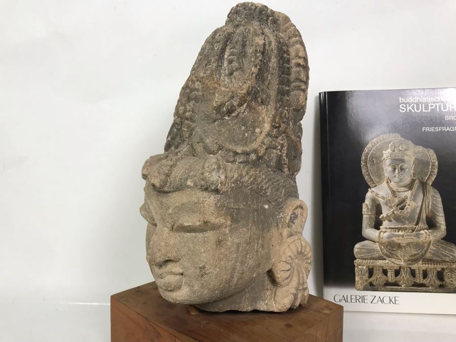 Antique Carved Stone Buddha Sculpture Head Bust With Buddha Sculpture Book 5.5W X 4.5D X 11.5H [Photo 3]