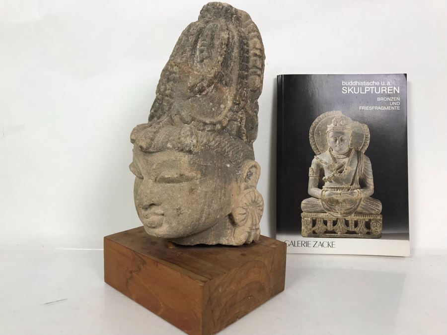 Antique Carved Stone Buddha Sculpture Head Bust With Buddha Sculpture Book 5.5W X 4.5D X 11.5H [Photo 1]