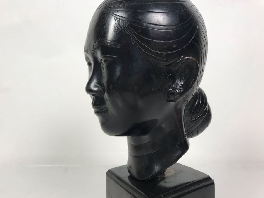 Bronze Alloy Bust Of Vietnamese Woman On Wooden Stand 4W X 5.5D X 10.5H [Photo 8]