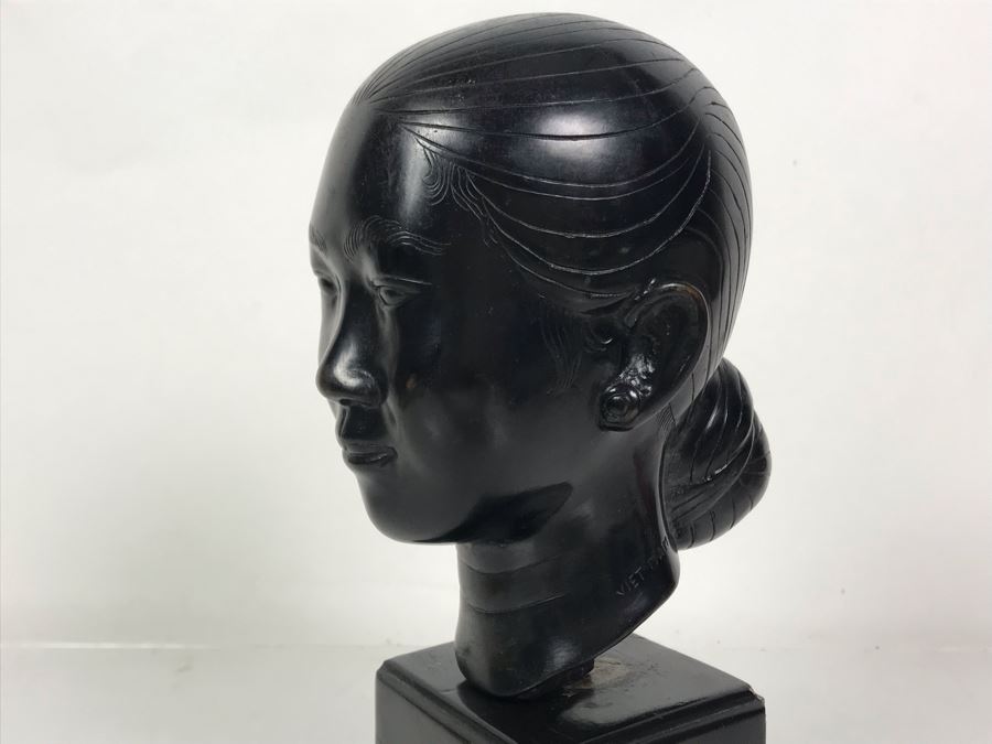 Bronze Alloy Bust Of Vietnamese Woman On Wooden Stand 4W X 5.5D X 10.5H [Photo 7]
