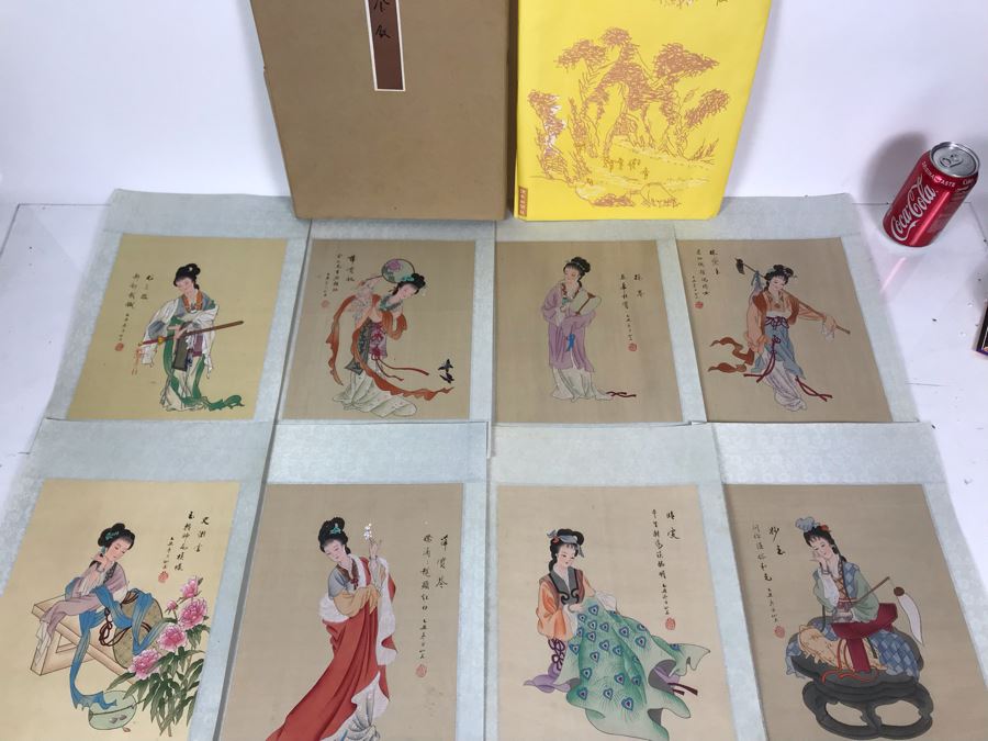 Vintage Set Of (8) Original Signed Chinese Silk Paintings Of Woman 8 X 10 [Photo 3]