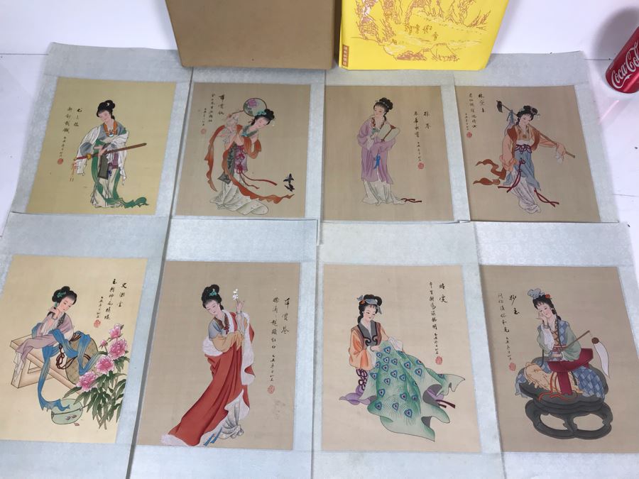 Vintage Set Of (8) Original Signed Chinese Silk Paintings Of Woman 8 X 10 [Photo 2]