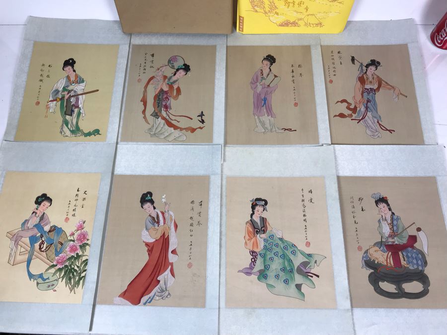 Vintage Set Of (8) Original Signed Chinese Silk Paintings Of Woman 8 X 10 [Photo 4]