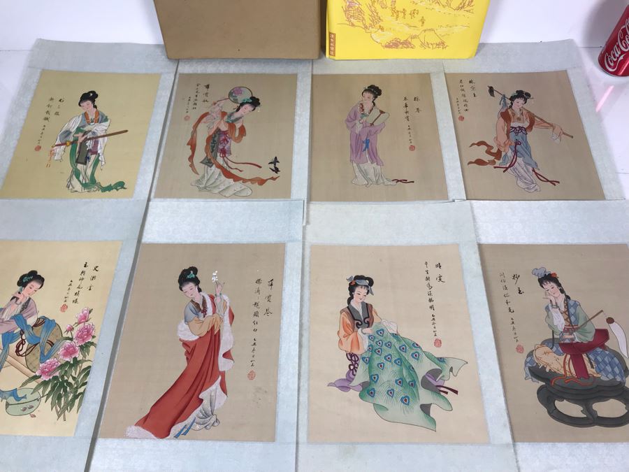 Vintage Set Of (8) Original Signed Chinese Silk Paintings Of Woman 8 X 10
