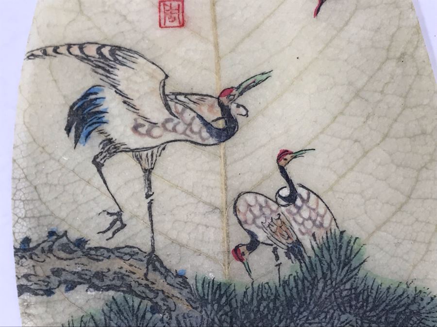 Vintage Chinese Painting On Fig Leaf Bodhi Tree Featuring Red Crowned Cranes 3.25 X 8 [Photo 18]