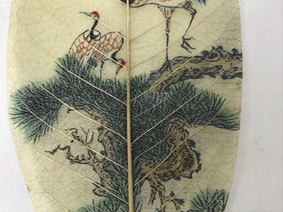 Vintage Chinese Painting On Fig Leaf Bodhi Tree Featuring Red Crowned Cranes 3.25 X 8 [Photo 10]