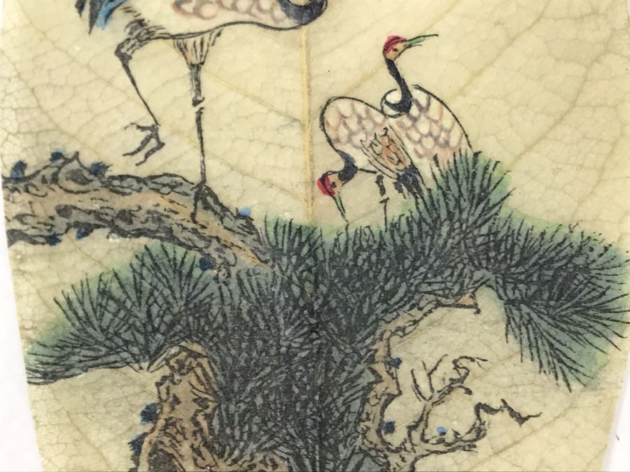 Vintage Chinese Painting On Fig Leaf Bodhi Tree Featuring Red Crowned Cranes 3.25 X 8 [Photo 20]