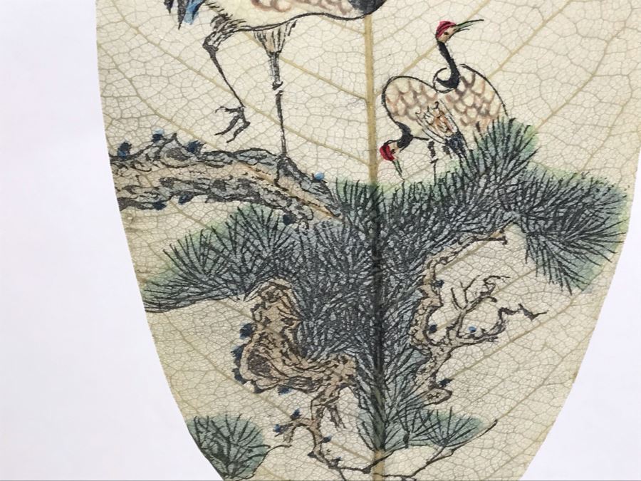 Vintage Chinese Painting On Fig Leaf Bodhi Tree Featuring Red Crowned Cranes 3.25 X 8 [Photo 26]