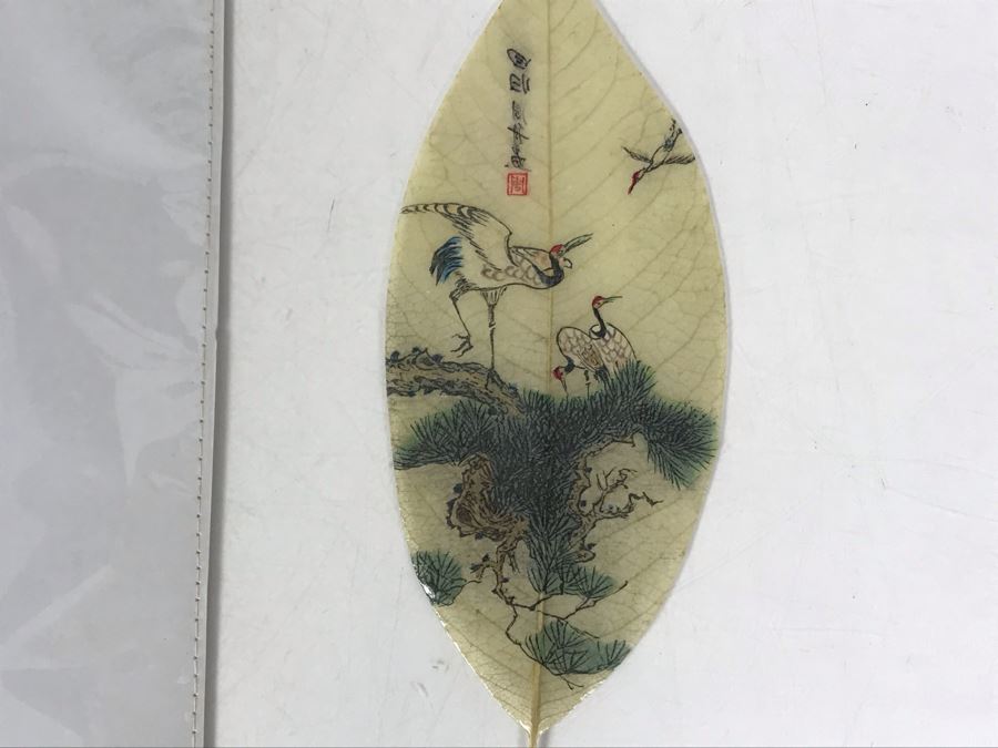 Vintage Chinese Painting On Fig Leaf Bodhi Tree Featuring Red Crowned Cranes 3.25 X 8 [Photo 15]