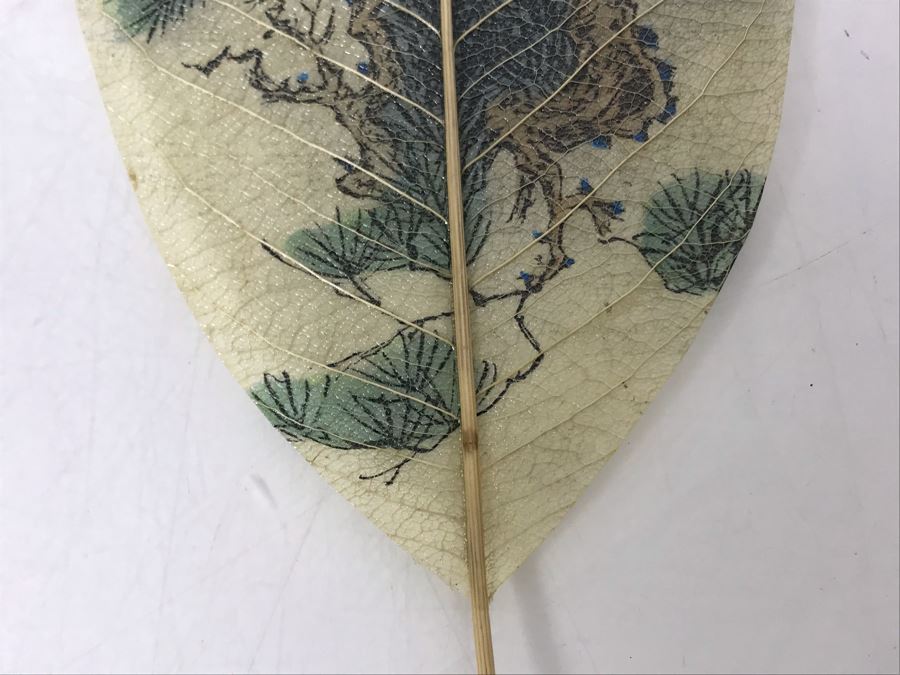 Vintage Chinese Painting On Fig Leaf Bodhi Tree Featuring Red Crowned Cranes 3.25 X 8 [Photo 9]