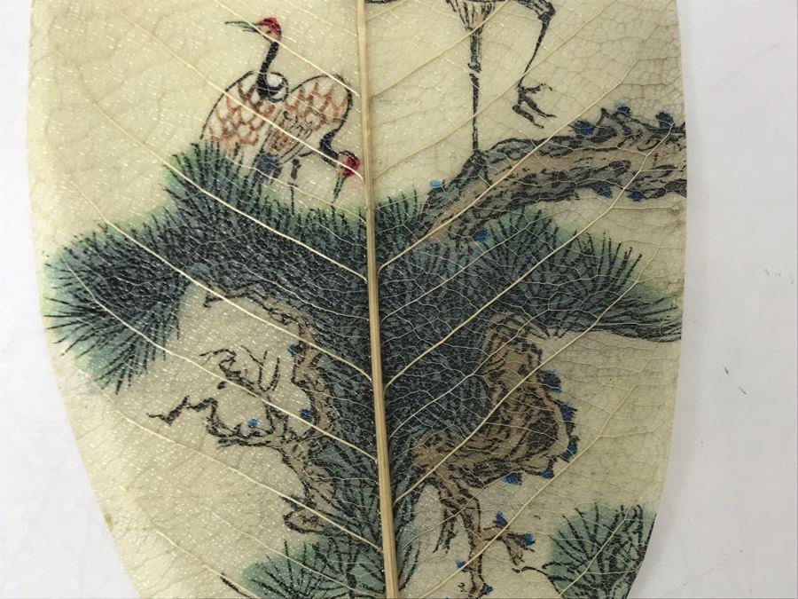 Vintage Chinese Painting On Fig Leaf Bodhi Tree Featuring Red Crowned Cranes 3.25 X 8 [Photo 8]