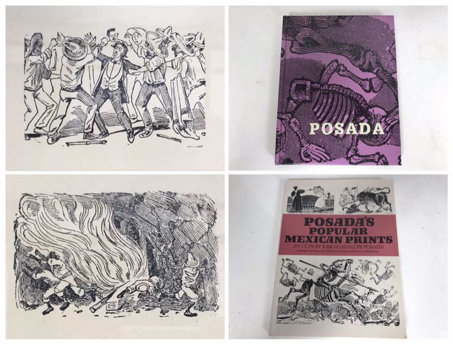 Pair Of Nicely Framed Jose Guadalupe Posada Mexican Prints 8W X 6H And Pair Of Posada Books