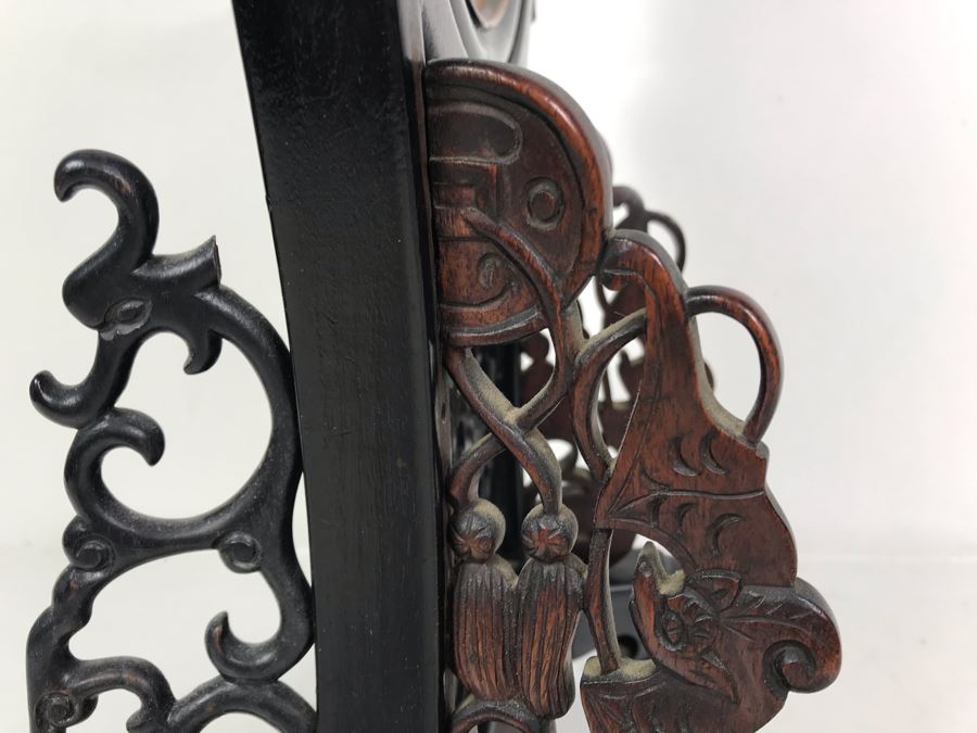 Antique Chinese Famille Rose Finely Painted Porcelain Tile Displayed In Chinese Carved Wooden Display Stand (See Photos For Repair On Side Of Wooden Stand) 13W X 21H X 7D [Photo 17]