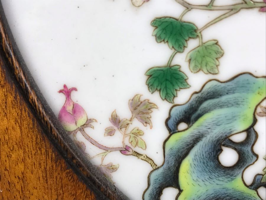Antique Chinese Famille Rose Finely Painted Porcelain Tile Displayed In Chinese Carved Wooden Display Stand (See Photos For Repair On Side Of Wooden Stand) 13W X 21H X 7D [Photo 10]