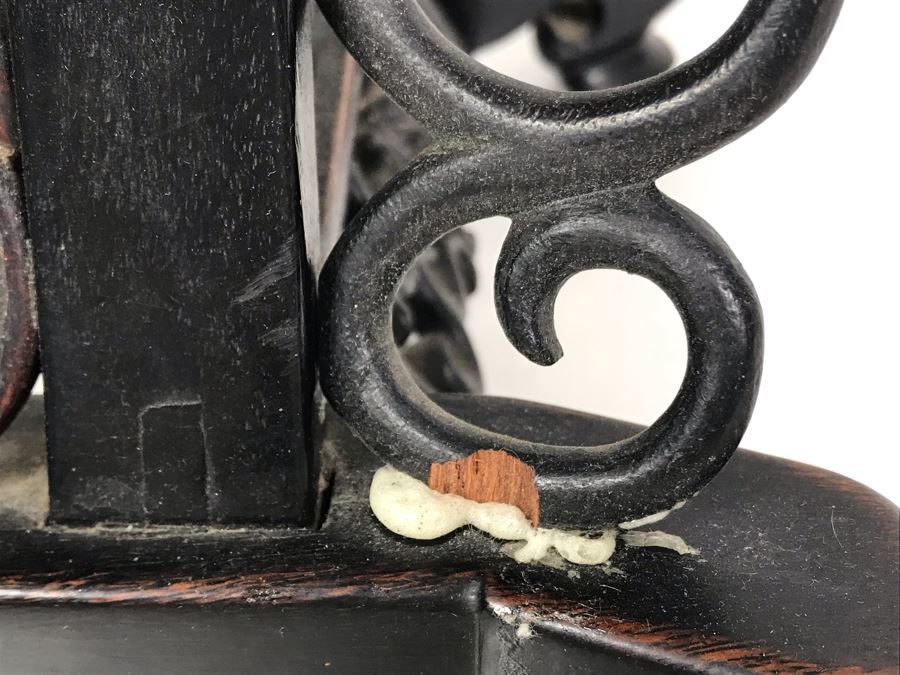 Antique Chinese Famille Rose Finely Painted Porcelain Tile Displayed In Chinese Carved Wooden Display Stand (See Photos For Repair On Side Of Wooden Stand) 13W X 21H X 7D [Photo 25]