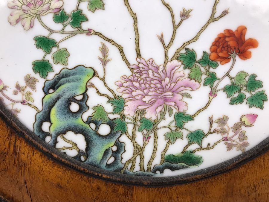 Antique Chinese Famille Rose Finely Painted Porcelain Tile Displayed In Chinese Carved Wooden Display Stand (See Photos For Repair On Side Of Wooden Stand) 13W X 21H X 7D [Photo 5]