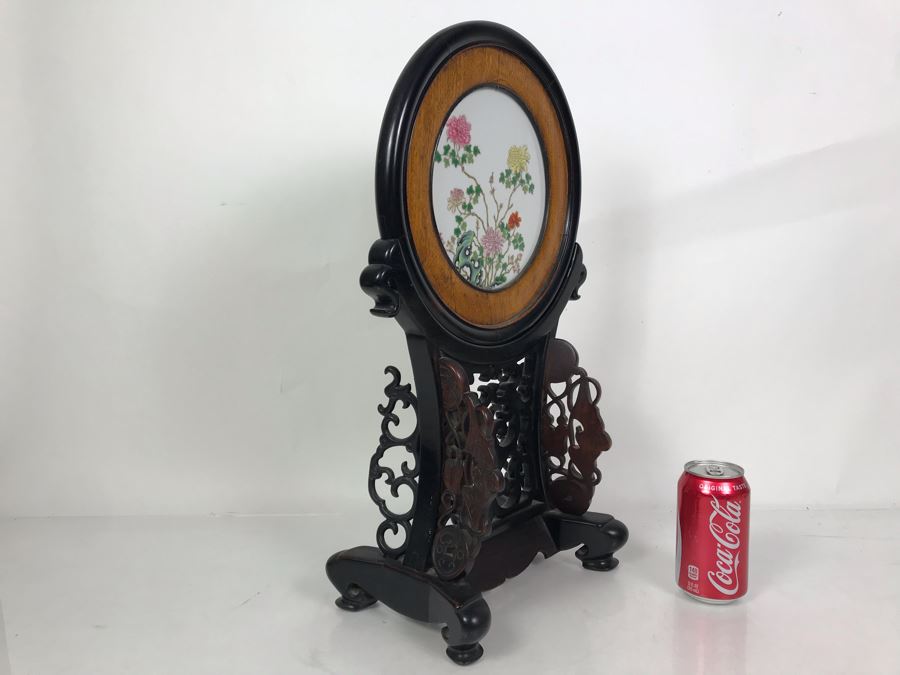 Antique Chinese Famille Rose Finely Painted Porcelain Tile Displayed In Chinese Carved Wooden Display Stand (See Photos For Repair On Side Of Wooden Stand) 13W X 21H X 7D [Photo 13]