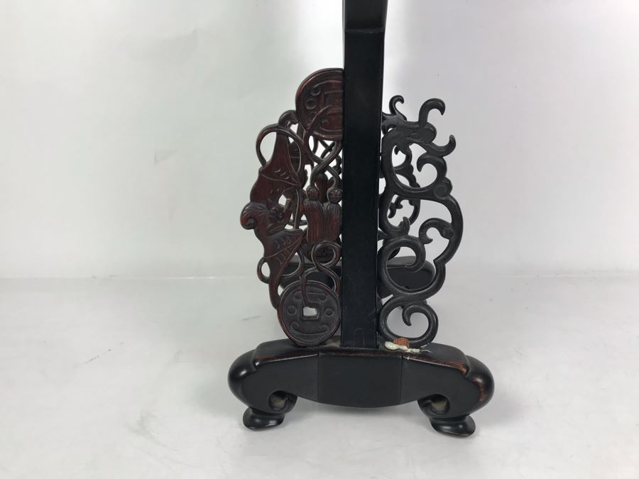 Antique Chinese Famille Rose Finely Painted Porcelain Tile Displayed In Chinese Carved Wooden Display Stand (See Photos For Repair On Side Of Wooden Stand) 13W X 21H X 7D [Photo 24]