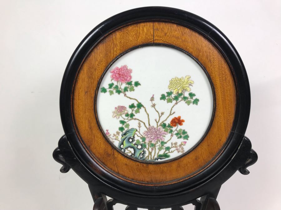 Antique Chinese Famille Rose Finely Painted Porcelain Tile Displayed In Chinese Carved Wooden Display Stand (See Photos For Repair On Side Of Wooden Stand) 13W X 21H X 7D [Photo 3]