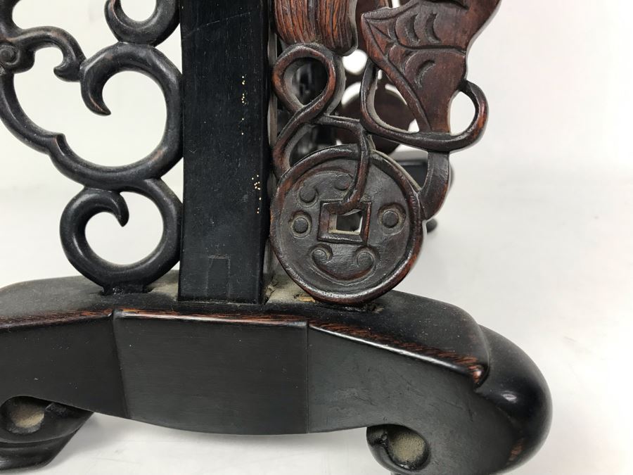 Antique Chinese Famille Rose Finely Painted Porcelain Tile Displayed In Chinese Carved Wooden Display Stand (See Photos For Repair On Side Of Wooden Stand) 13W X 21H X 7D [Photo 19]