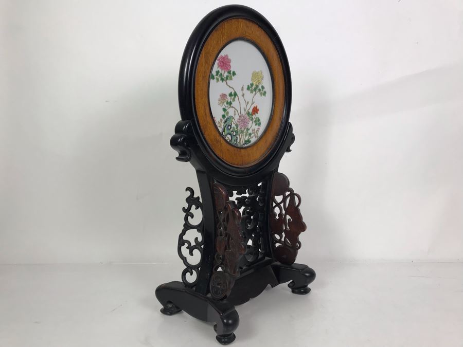 Antique Chinese Famille Rose Finely Painted Porcelain Tile Displayed In Chinese Carved Wooden Display Stand (See Photos For Repair On Side Of Wooden Stand) 13W X 21H X 7D [Photo 14]