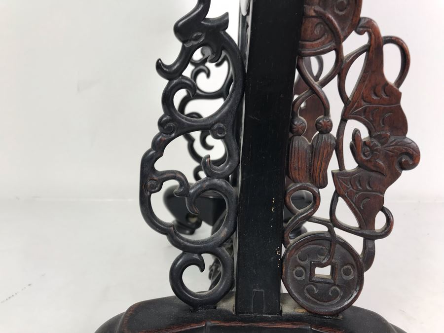 Antique Chinese Famille Rose Finely Painted Porcelain Tile Displayed In Chinese Carved Wooden Display Stand (See Photos For Repair On Side Of Wooden Stand) 13W X 21H X 7D [Photo 20]