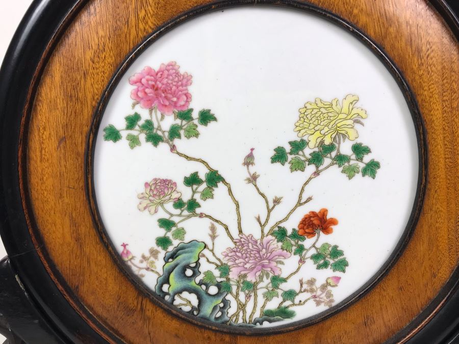 Antique Chinese Famille Rose Finely Painted Porcelain Tile Displayed In Chinese Carved Wooden Display Stand (See Photos For Repair On Side Of Wooden Stand) 13W X 21H X 7D [Photo 4]