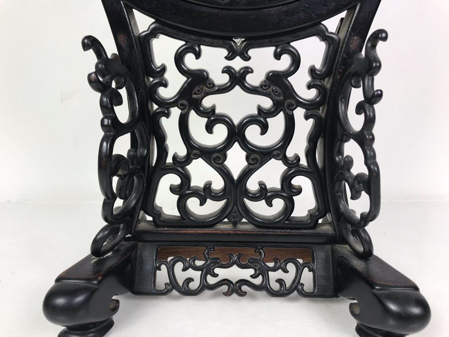 Antique Chinese Famille Rose Finely Painted Porcelain Tile Displayed In Chinese Carved Wooden Display Stand (See Photos For Repair On Side Of Wooden Stand) 13W X 21H X 7D [Photo 22]